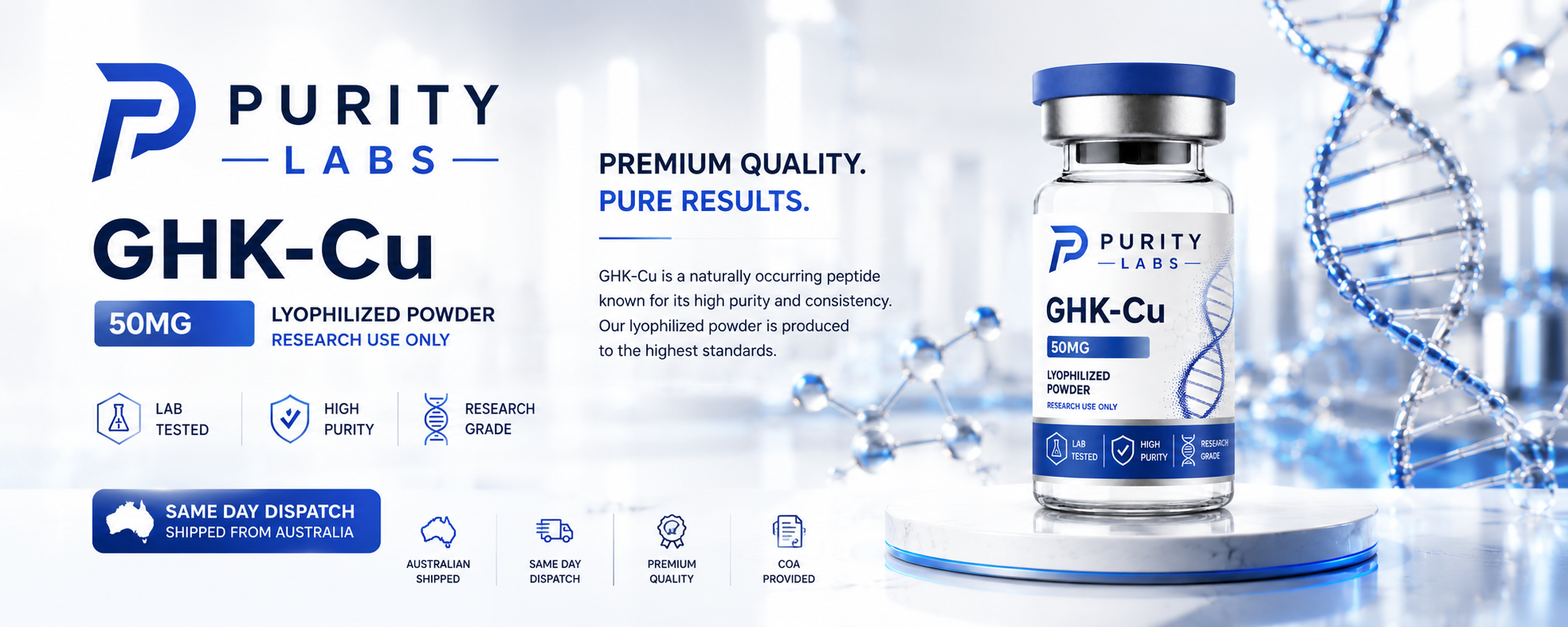 Purity Labs GHK-Cu 50mg lyophilised powder vial with lab-tested, premium quality and COA provided badges, shipped same day from Australia