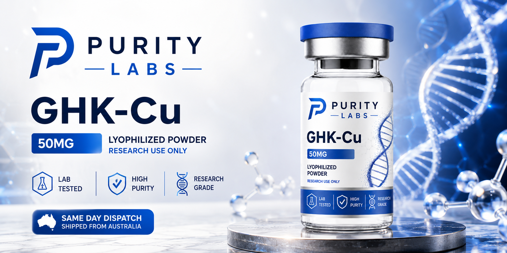 Purity Labs GHK-Cu 50mg lyophilised research peptide vial — lab tested, high purity, same-day dispatch from Australia
